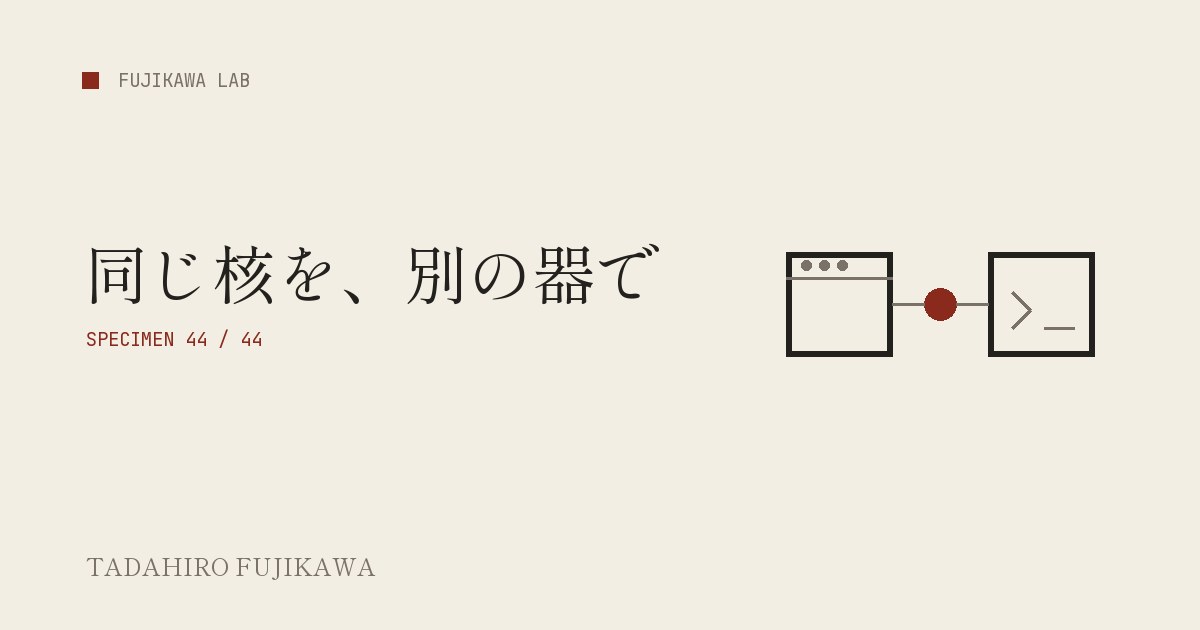 ひとつの核を挟む二つの器でデスクトップ版とターミナル版の違いを表した表紙画像