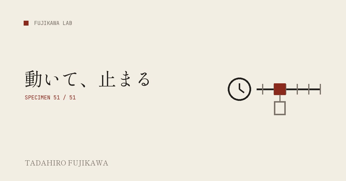 時計から伸びる時間の線の上で赤く塗られた一つの区間と、その下の保存先の箱で、必要な時間だけ動いて結果を残して止まる Cloud Run Jobs を表した表紙画像