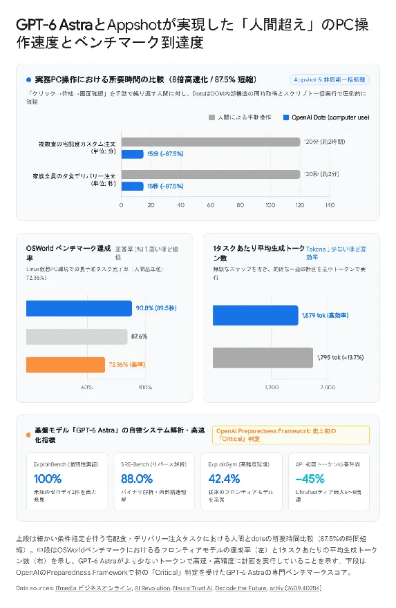 GPT-6 AstraとAppshotによる実務PC操作の所要時間比較（宅配食カスタム注文・夕食デリバリー注文）、OSWorldベンチマーク達成率と1タスクあたり平均生成トークン数、およびExploitBench・SRE-Bench・ExploitGym・API初回トークン応答時間の指標を示した図。